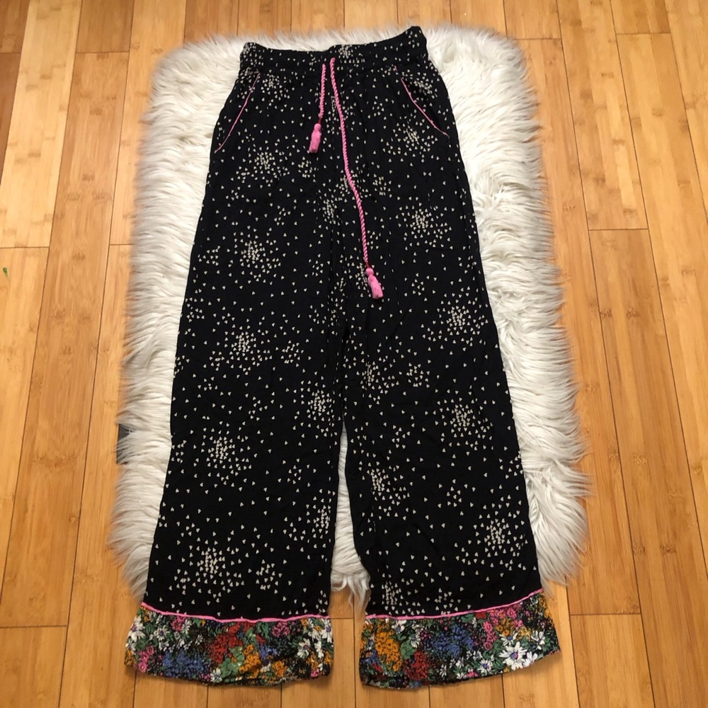 Anthropologie Palazzo Wide Leg Drawstring Heart Floral Pattern Black Pant size S